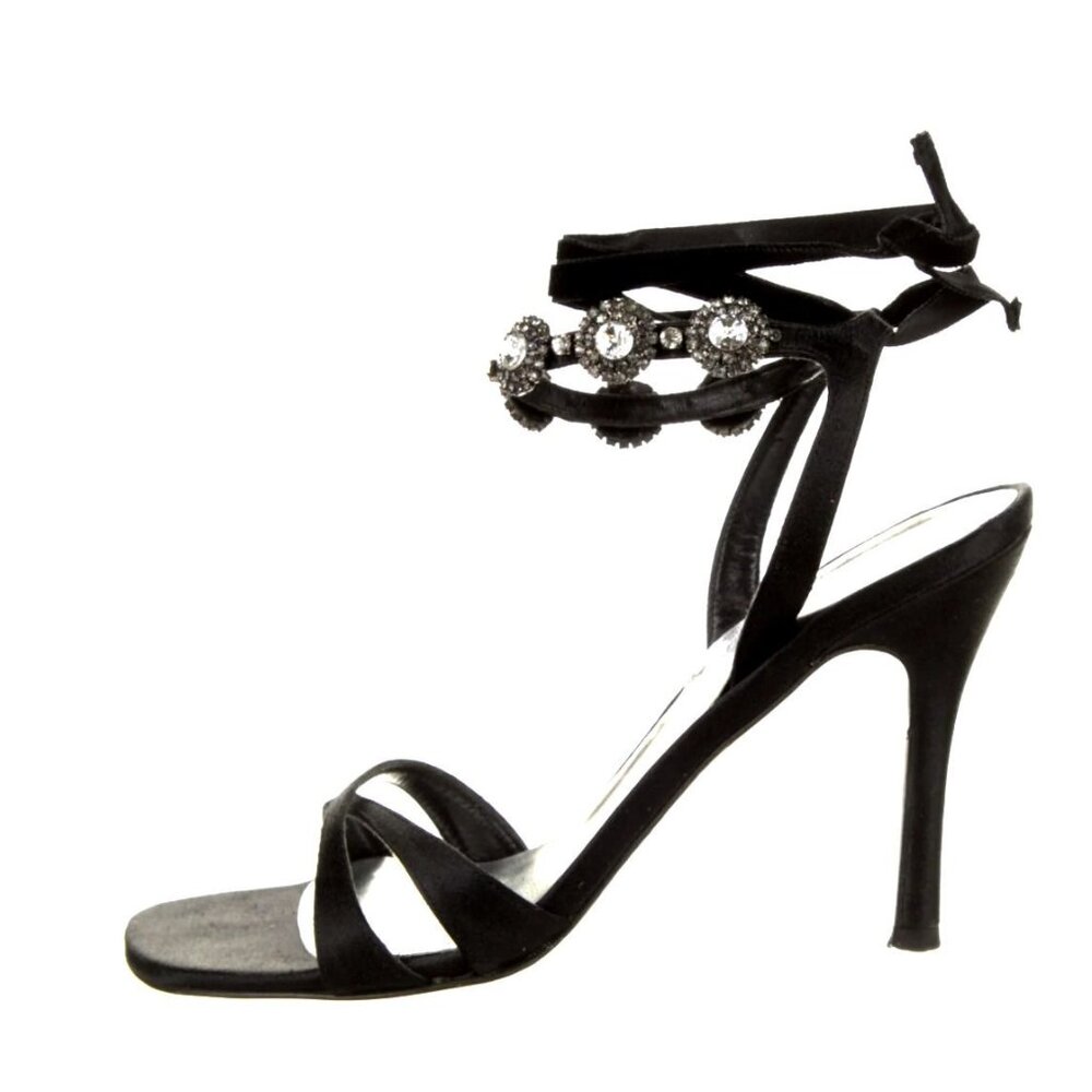 Stuart Weitzman 8 Suede CRYSTAL Sandals Ankle Tie Strappy Stiletto Heels Black
